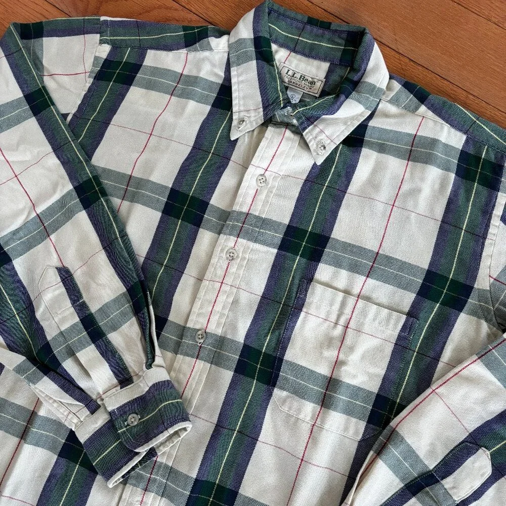 Vintage LL Bean Rangeley Flannel Shirt Men L Cream Blue Green Plaid Pocket USA